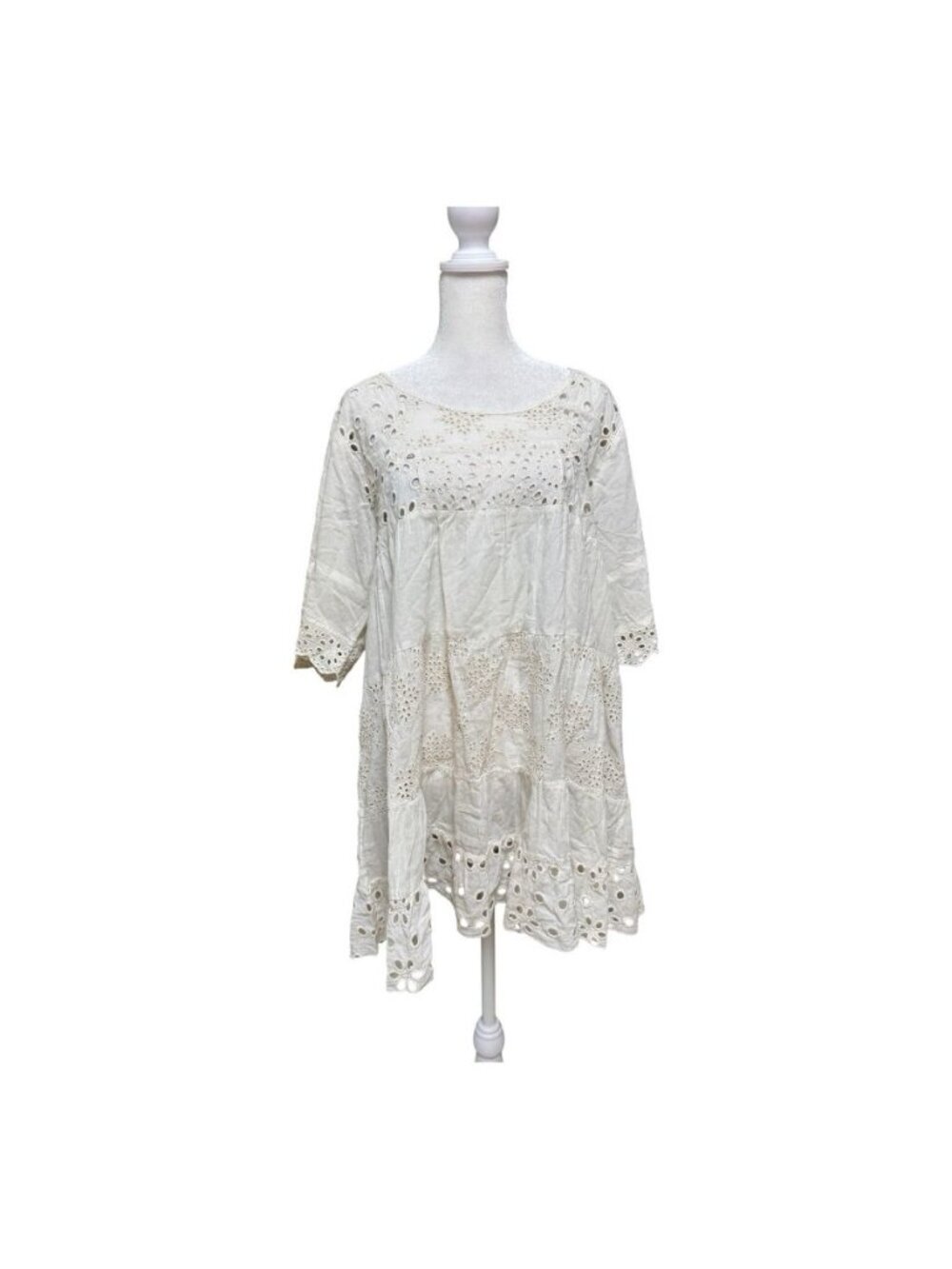 Johnny Was L Beige Eyelet Embroidered Cotton Tiered Boho Blouse Tunic Top